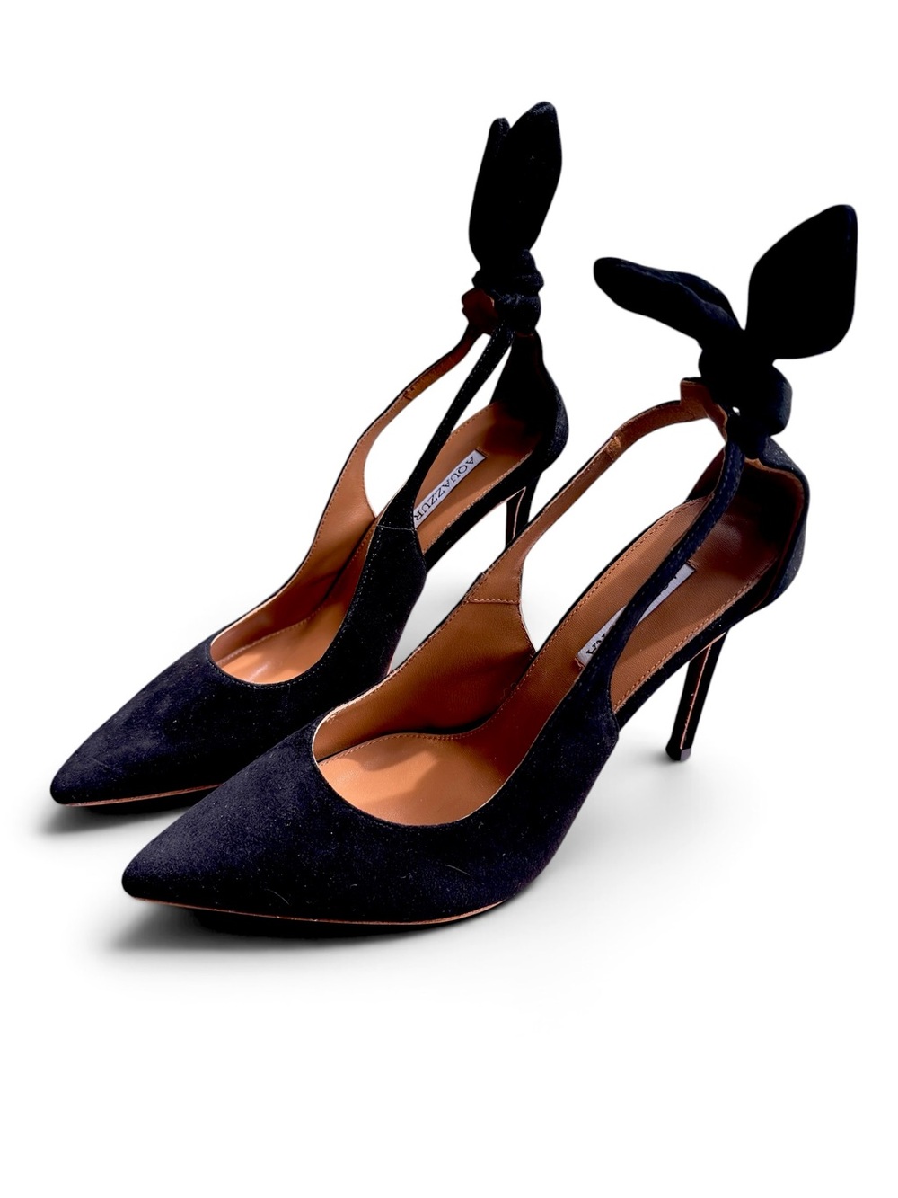 NWOT Aquazzura Black Velvet Pointed-Toe Ankle-Bow Stiletto Pumps - Picture 2 of 4